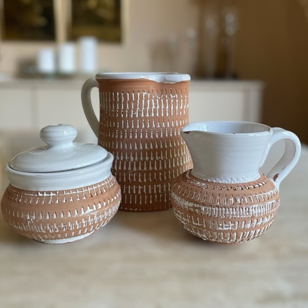 Mid Century Modern Geometric pattern White Glazed pottery set